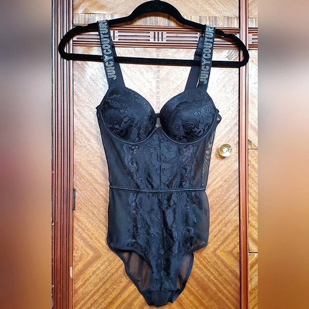 Juicy Couture Bodysuit / Teddy, Black Lace & Mesh, Silver Studded Logo